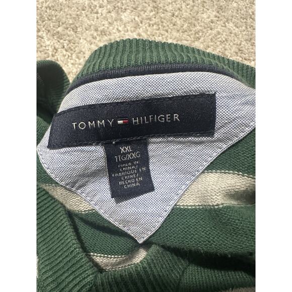 Tommy Hilfiger Men’s XXL Green Gray Striped V-Neck Cotton Sweater - Picture 2 of 7
